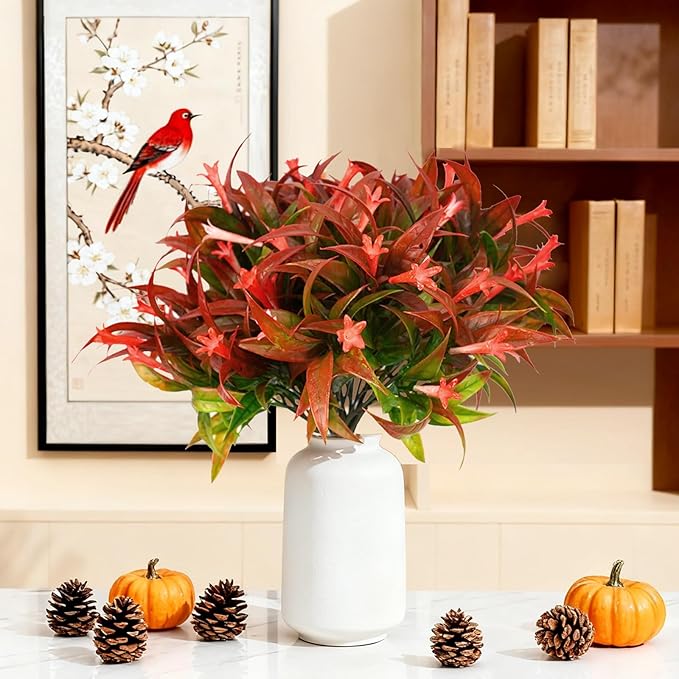 Uieke 12Pcs Artificial Fall Flowers for Outdoors UV Resistant Fake Fall Flowers Plastic Morning Glory Fall Plants Shrubs for Home Outside Window Box Planter Fall Décor (Autumn Red)