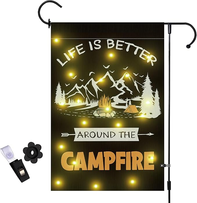 Camping Garden Flag with Led Lights, 12 x 18 Inch Double Sided Vertical Burlap Camping Fire Pit Lighted Garden Flags for RV Campsite Campfire Camper Yard Outdoor Decoration