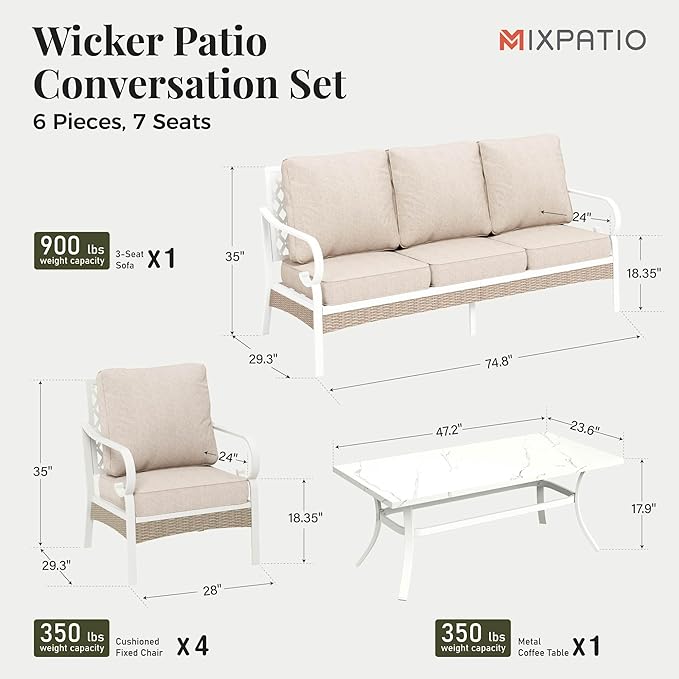 6 Piece Patio Furniture Set, 4 x Fixed Chair, 1 x 3-Seat Sofa with Marbling Coffee Table, All Cushioned 7 Seats Outdoor Conversation Set for Lawn Garden Backyard, Beige