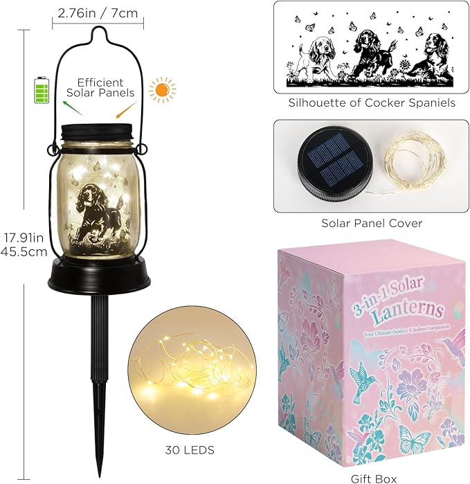 Cocker Spaniel Dog Gifts for Women/Men Cocker Spaniel Solar Lanterns Birthday Dog Lovers Lantern Pet loss Dog Memorial Lights Solar Garden Decoration for Yard, Patio,Backyard,Porch Torches Light
