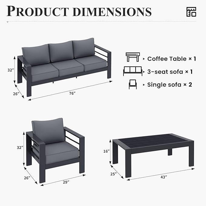 Aluminum Patio Furniture Set, Grey Metal Outdoor Furniture Set,6 Piece Patio Set with Waterproof Covers for Backyard Garden