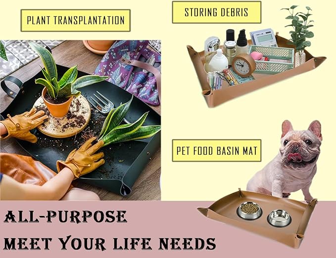 Thickened Leather Plant Repotting Mat, Indoor and Outdoor Potting Mat, 30" x 18" Foldable Tray with Mess Control (Dark Green)