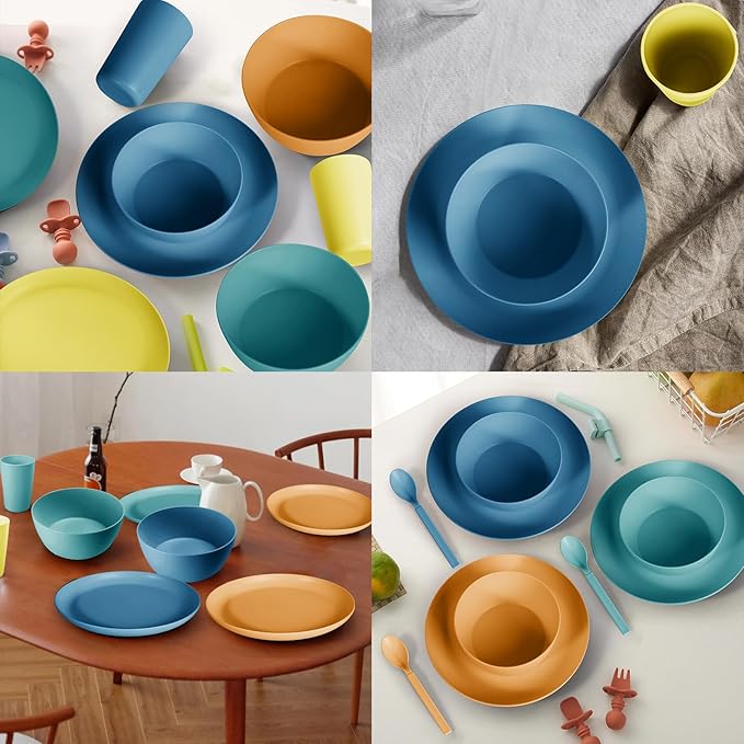 24pcs Wheat Straw Dinnerware Sets, Wheat Straw Plates and Bowls Sets for 4 Microwave Dishwasher Safe Lightweight （Four Colors）