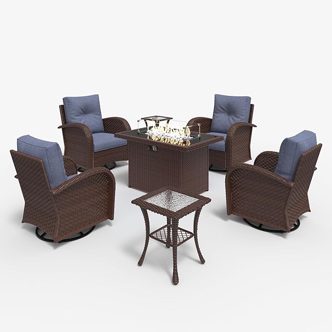 LayinSun 7 Pieces Outdoor Patio Furniture Set with Fire Pit Table, Rattan Wicker Sectional Swivel Rocker Chairs Sets