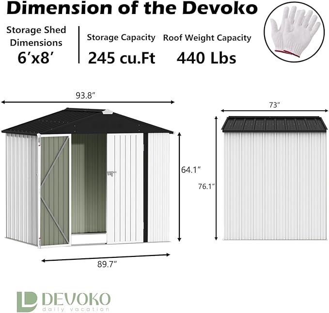 Devoko Outdoor Storage Shed 8 x 6 FT Lockable Metal Garden Shed Steel Anti-Corrosion Storage House with Single Lockable Door for Backyard Outdoor Patio (White)