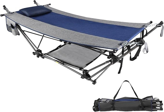 RedSwing Extra-Long Portable Folding Hammock with Stand,Fold Up Hammock with Removable Pillow,Storage Net,Foldable Camping Hammock for Adults for Outdoor,Backyard,Beach,Garden,Lawn