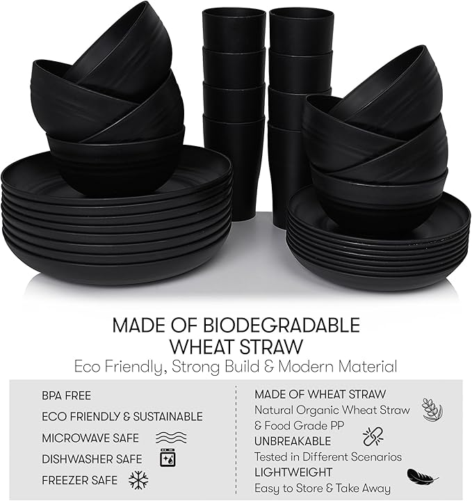 Wheat Straw Dinnerware Sets | Unbreakable Dinnerware Sets | Dishwasher Microwave Safe Dinnerware | Eco Friendly Non Breakable Dinnerware Sets | RV Outdoor Camping (Black, Service for 8 (32 pcs))