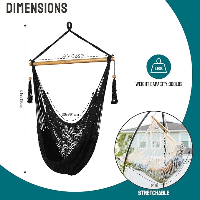 JoyView Hammock Chair with Spreader Bar Caribbean Hammock Swing Chair 300 LBS Weight Capacity XL Rope Hanging Chair for Outdoor Indoor Garden Yard - Black