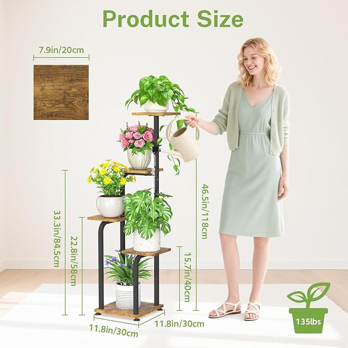 iDavosic.ly Tall Plant Stand Indoor, 4 Tier Corner Multiple Flower Holder Shelf with Wooden Trays, Space Saving Display Rack for Living Room Balcony Patio Porch Outdoor | Black & Brown