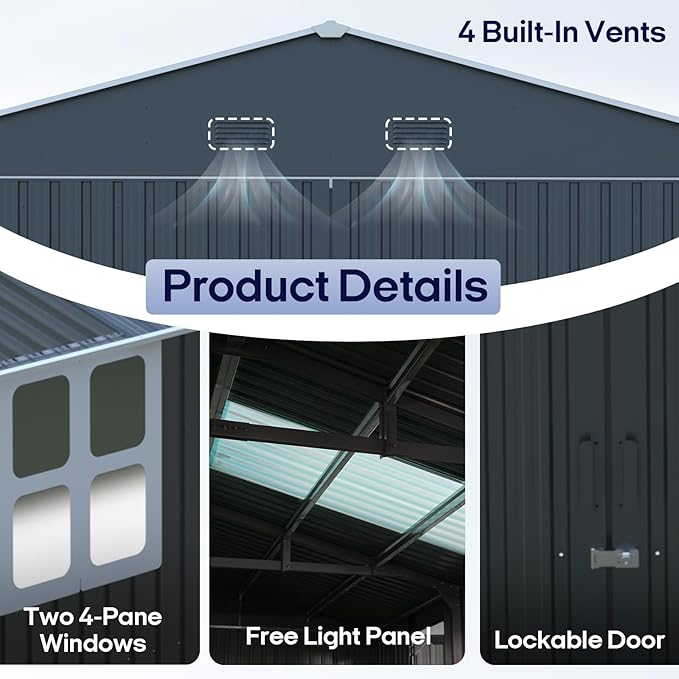 Outdoor Storage Shed 13x20 FT, Sheds & Outdoor Storage Clearance - Metal Garage Shed for Car, Truck, Bike - Backyard Tool House Building with 2 Windows and 2 Translucent Panels