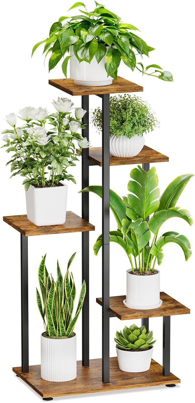 iDavosic.ly 5 Tier Plant Stand Indoor, Tiered Corner Flower Holder Shelf Outdoor, Metal Wood Tall Orchid Pot Display Rack for Patio Porch Garden Balcony Office, Modern Black & Rustic Brown