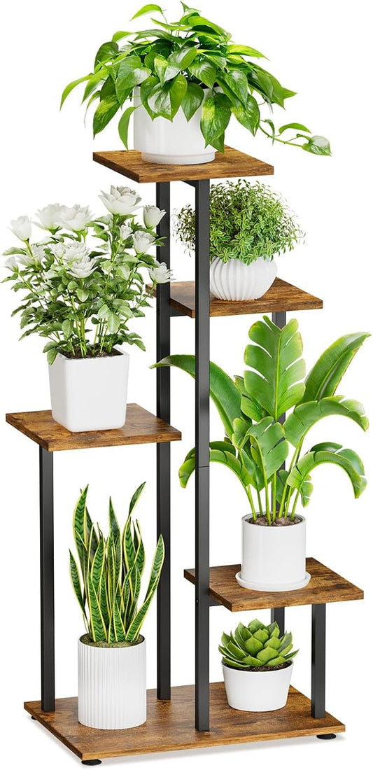 iDavosic.ly 5 Tier Plant Stand Indoor, Tiered Corner Flower Holder Shelf Outdoor, Metal Wood Tall Orchid Pot Display Rack for Patio Porch Garden Balcony Office, Modern Black & Rustic Brown