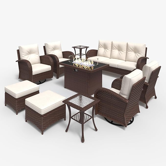 LayinSun 10 Pieces Outdoor Patio Furniture Set with Fire Pit Table, Rattan Wicker Sectional Swivel Rocker Chairs Sets