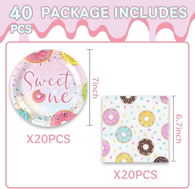Sweet One 40Pcs Donut Party Supplies for 20 Guests - Paper Plates & Napkins for Girls' Birthday or Baby Shower Decorations