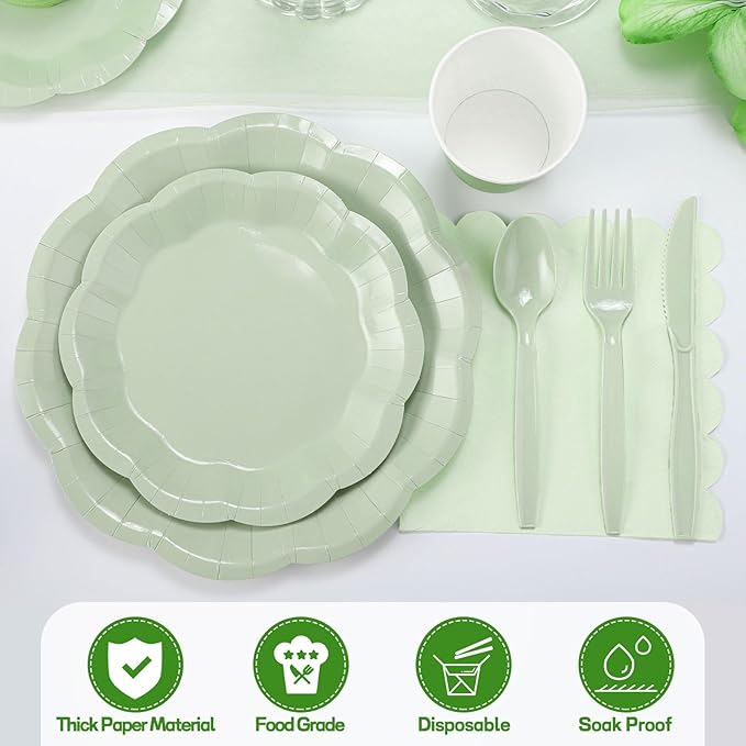 175 Pcs Sage Green Plates and Napkins Set, 25 Guest Sage Green Party Supplies Include Scalloped Plate Napkin Cup Forks Knives Disposable Plastic Cutlery for Wedding Baby Shower Birthday
