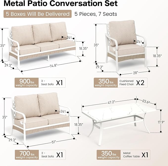 6 Piece Metal Outdoor Patio Furniture Set, Patio Conversation Set 1 3-Seater Sofa, 2-Seater Sofa, 2 Fixed Chair with 5.75" Thick Cushion & Coffee Table White Backyard Furniture, Beige