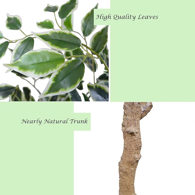 Artificial Ficus Tree 6ft, Fake Plant with White Tall Planter, Faux Ficus Leaves Trees in Pot, Artificial Floor Plants for Home Living Room Office Bedroom Garden Balcony Decor Indoor
