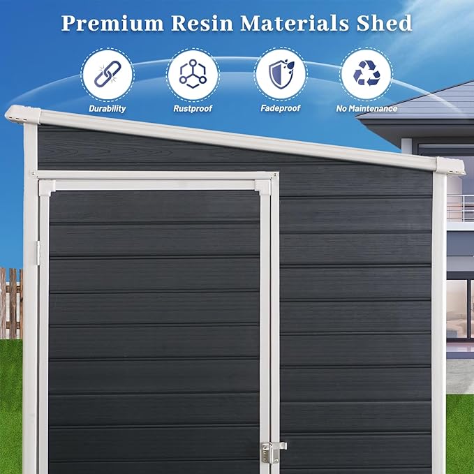 8x4ft Lean to Shed, Resin Outdoor Storage Shed with Floor and 2 Windows, Plastic Sheds & Outdoor Storage Clearance for Patio Furniture, Garden Tools Bike Accessories, Beach Chairs