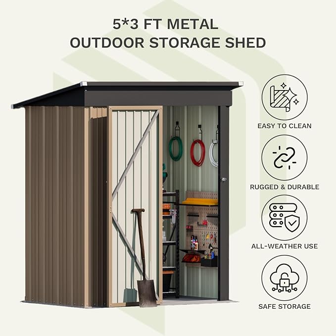 Patiolife 5x3 FT Outdoor Storage Shed, Small Tool Metal Shed with Lockable Door & Sloping Roof, Garden Shed for Backyard Patio Lawn, Brown