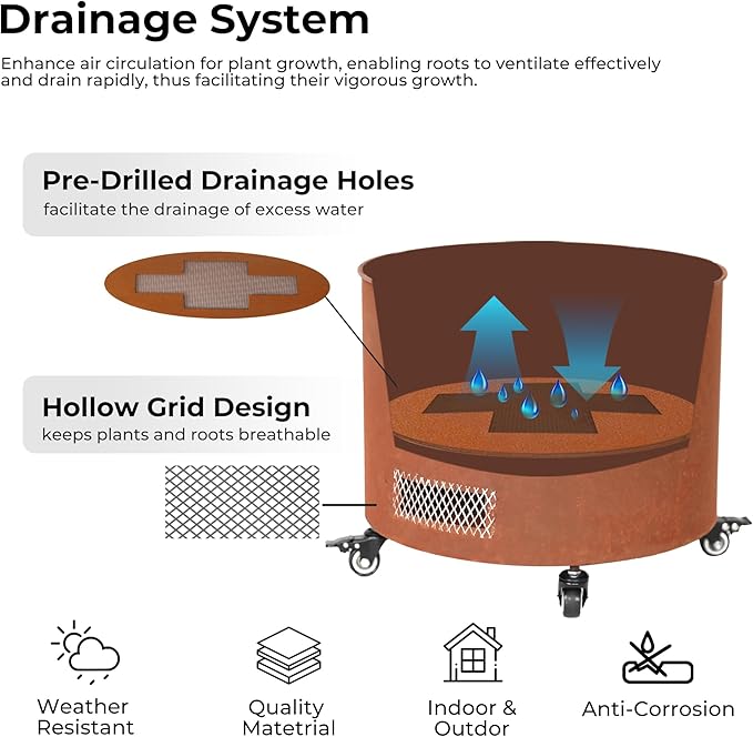 Steel Planter with Wheels - 14.6" Weathering Raised Garden Bed for Tomatoes & Vines, 360° Swivel Indoor/Outdoor Use, Thick-Gauge Rust-Resistant Metal Trough (Brown)