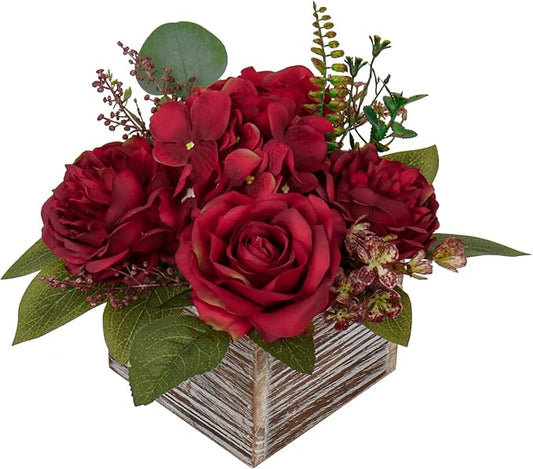 Flower Arrangement with Wooden Vase 8" Artificial Flowers in Pot - Fake Flowers Roses Peonies Hydrangeas in Wooden Vase Potted Artificial Flower Centerpieces for Table Decor Living Room - Red