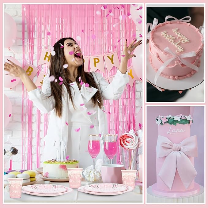 350 Pcs Coquette Pink Bow Happy Birthday Paper Plate Cute Disposable Tableware Set With Knives Fork Napinks for Baby Shower Birthday Party Favor Supplies Decorations Serves 50 Guests