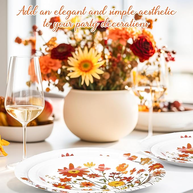 Mumufy 100 Pack Fall Floral Paper Plates 9" & 7" Disposable Autumn Orange Wildflower Cake Dessert Plates Watercolor for Dinner Harvest Wedding Baby Shower Birthday Fall Tea Party Decoration Supplies