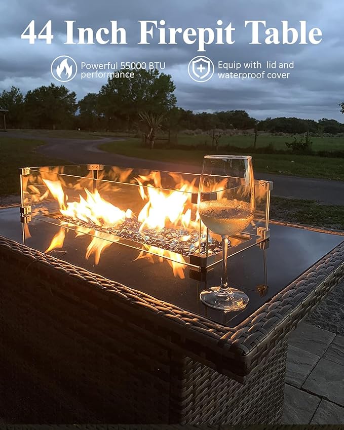 LayinSun 7 Piece Wicker Outdoor Furniture Set with 6-inch Comfy Cushions, High Back Patio Furniture Set with Swivel Rocking Chairs and Fire Pit Table