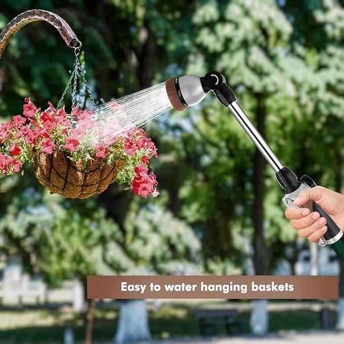 RESTMO Metal Watering Wand, Heavy Duty Garden Hose Wand with 180° Swivel Ratcheting Head, 16'' Hose Nozzle Sprayer with 7 Spray Patterns and Flow Control, for Water Hanging Baskets and Shrubs, Brown