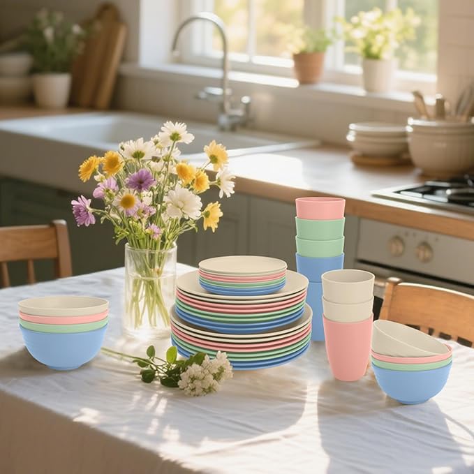 40 PCS Wheat Straw Dinnerware Sets | Service for 8, Unbreakable Plates and Bowls Sets - Dinner Plate, Cereal Bowl, Drinking Cups, Dishwasher & Microwave Safe for Kitchen, Camping,RV - Colorful