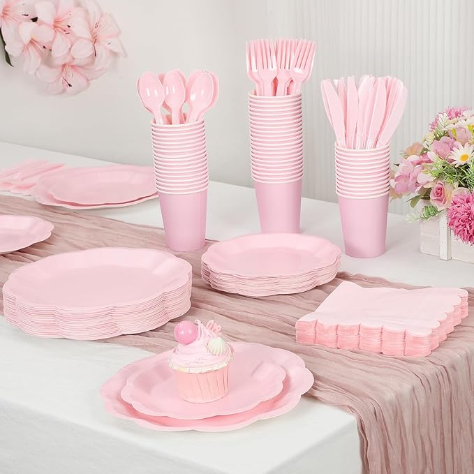 175 Pcs Light Pink Plates and Napkins Set, 25 Guest Pink Party Supplies Include Scalloped Plate Napkin Cup Forks Knives Disposable Plastic Cutlery for Wedding Baby Shower Birthday Party