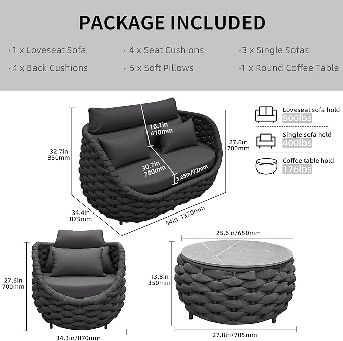5 Pieces Patio Furniture Set, Outdoor Rope Conversation Sectional Patio Sofa with 5 Seater for Backyard, Porch, Modern Armchairs with Thickness Cushions and Side Table, Dark Grey