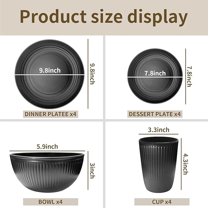 Wheat Straw Dishes Set for 4, Dinnerware Sets 16 piece, Unbreakable Plates, Bowls, Cups Sets for Kitchen Parties Camping RV - Grey