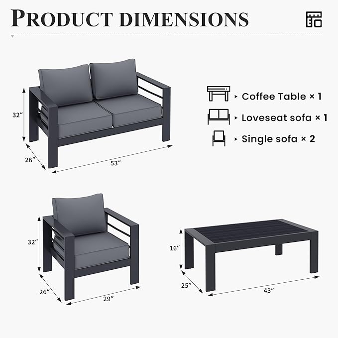 Aluminum Patio Furniture Set, 5 Piece Metal Outdoor Furniture Set, Patio Sets with Waterproof Covers for Backyard Garden