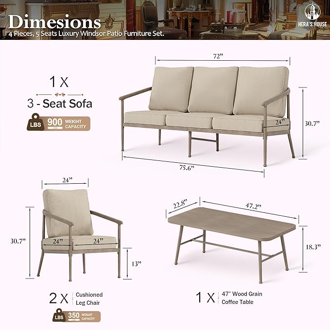 HERA'S HOUSE Patio Furniture Set, 2 x Cushioned Leg Chair, 3-Seat Sofa with Wood Grain Coffee Table, 5 Seats Luxury Windsor Style All Weahter Outdoor Sofa Conversation Set for Deck Lawn Backyard