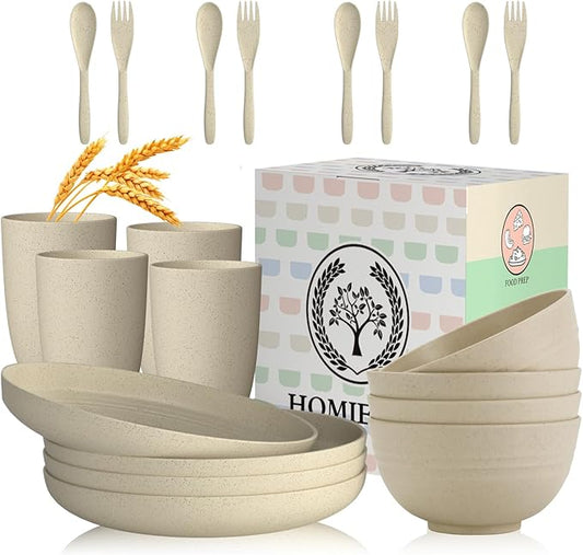 Homienly Wheat Straw Dinnerware Sets, 20pcs Lightweight Unbreakable Dinnerware, Microwave Dishwasher Safe Bowls Cups Forks Spoons set,Perfect for Camping Outdoor, Beige