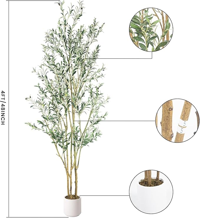 Artificial Fake Olive Tree 8FT Tall 1Pack with White Planter Faux Silk Olive Tree for Home Living Room Office Decor Faux Artificial Plants Indoor with Fruit & Free Moss