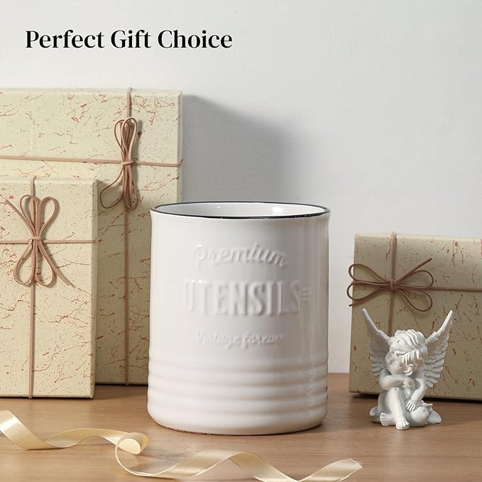 DOWAN 3 Compartment Kitchen Utensil Holder, 7.2″ Extra-Large Ceramic Stable Utensil Caddy, Rustic Cooking Utensil Crock for Farmhouse Kitchen Décor, Utensil Holder for Countertop