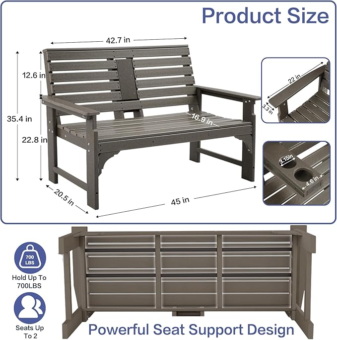 Outdoor Bench Weatherproof - HDPE 2-Person Garden Bench with Cup Holders, Bench Furniture with Backrest and Armrests, 700 lbs Capacity, Patio Park Bench for Front Porch Backyard Park (Brown)