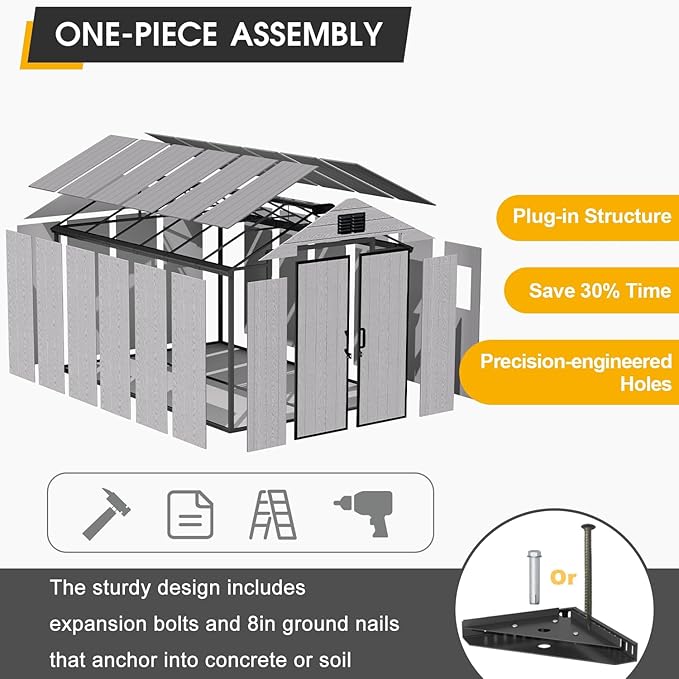 8 x 12 FT Resin Storage Shed, All-Weather Plastic Garden Outdoor Shed with Floor, Lockable Doors & Windows, Plastic Tool Shed for Poolside, Backyard, Patio