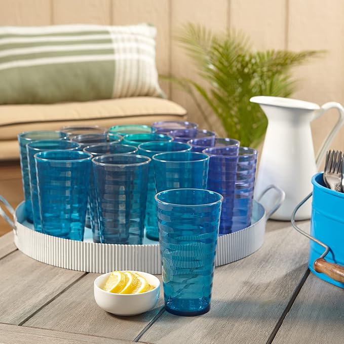 US Acrylic Splash [Set of 16] 18 ounce Plastic Stackable Water Tumblers in 4 Coastal Colors Value Set of Drinking Cups, Reusable, BPA-free, Made in the USA, Top-rack Dishwasher Safe