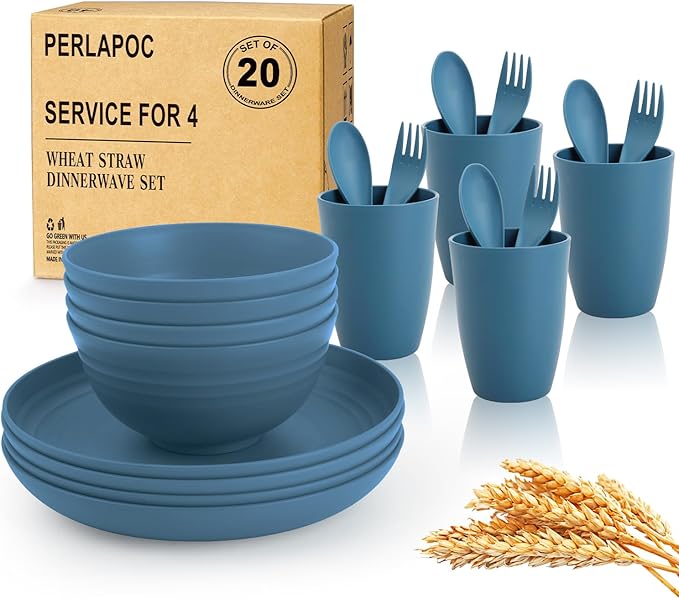 Premium Wheat Straw Dinnerware Sets for 4, Reusable Plastic Dinner Plates, Unbreakable Plates and Bowls Sets 20-Piece, Dishwasher & Microwave Safe - Blue