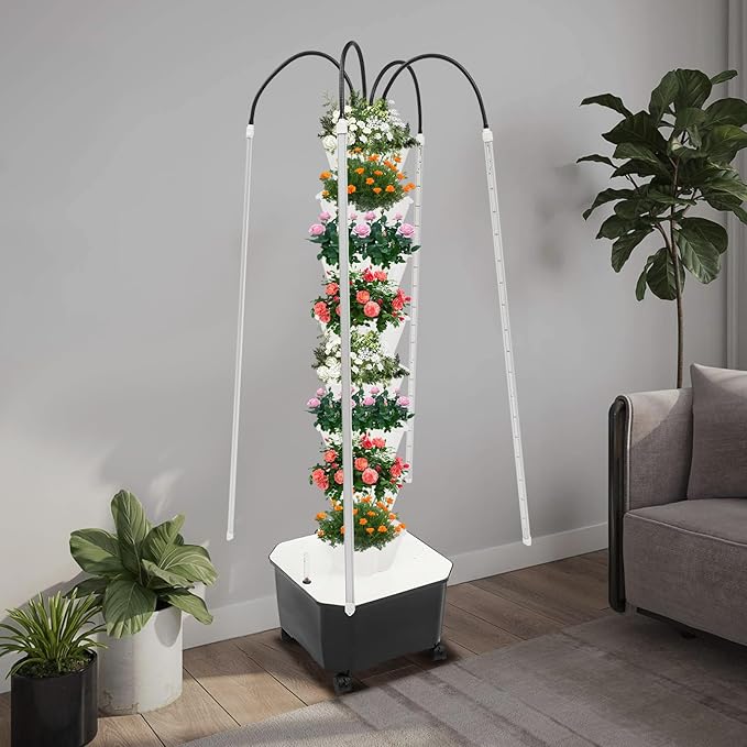 Hydroponics Growing Tower w/LED Light,8 Tiers 40-Hole Vertical Planter Tower,Smart Garden Growing System Kit for Fruits Vegetables Herbs (White)