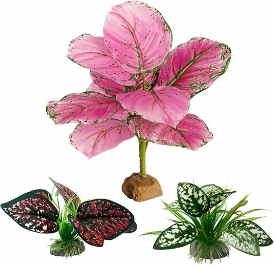Reptile Artificial Plants, Terrarium Plants Decorations Supplies, Aquarium Fish Tank Plants, Amphibian Habitat Hideout Tank Accessories(L Set-3pcs/F)