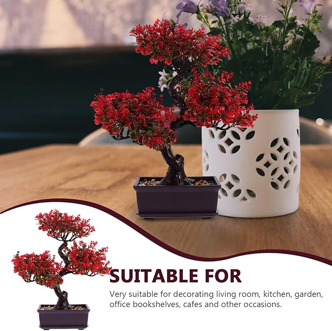 EXCEART Artificial Bonsai Plant Red Plastic Potted Decor for Desktop Wedding Table Centerpiece Home Office Decoration
