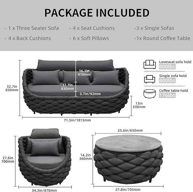 TWT Outdoor Patio Furniture Set, 5 Pieces Aluminum Sectional Sofa, Metal Patio Conversation Set with Threeseat & Armchair, Cushion and Coffee Table, Dark Grey