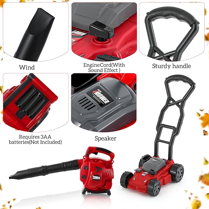 2 Pcs Toy Gardening Tool Set for Kids Leaf Blower, Push Lawn Mower Battery Powered Gardening Tool Set with Lights and Sounds Gift for Boys Girls