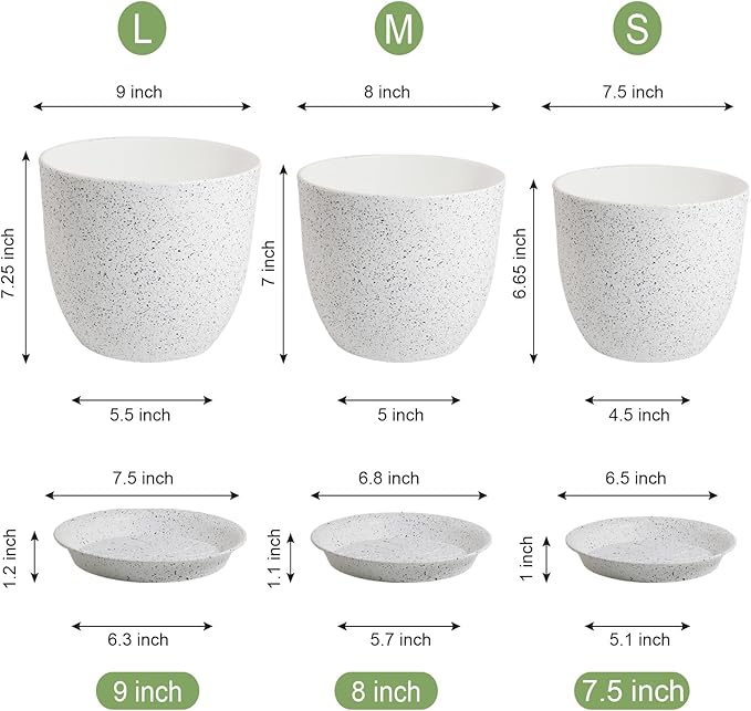Modern Plant Pots Set, 9/8/7.5 inch Plastic Planters for Indoor Plants, Stylish Flower Pots with Drainage Holes and Saucers for House Plants and Flowers, White Speckles