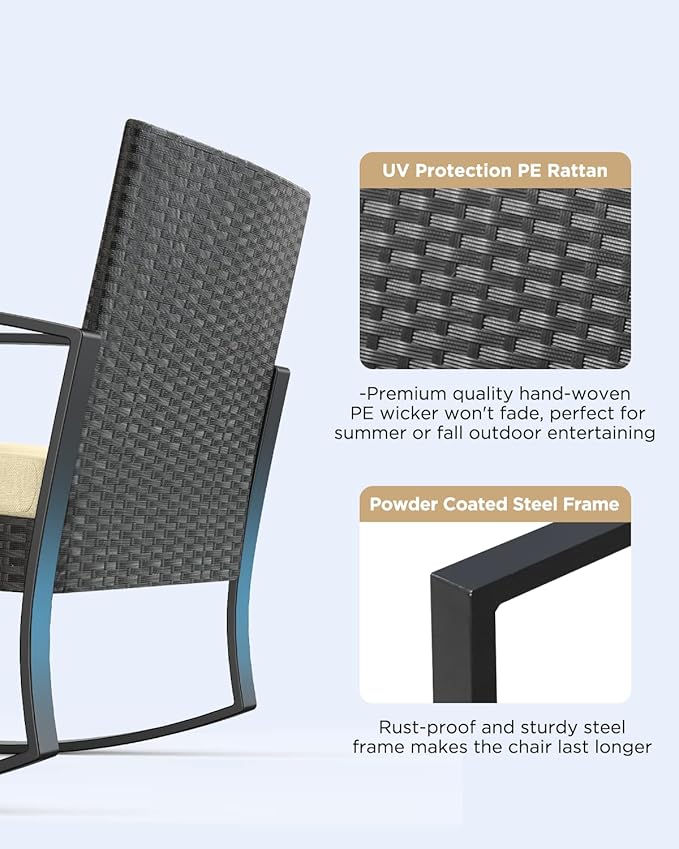 3 Pieces Porch Furniture Set Patio Rocking Bistro Set Outdoor Patio Chairs Rattan Conversation Sets with Coffee Table for Front Porch Garden Balcony Backyard Poolside (Beige Cushion)