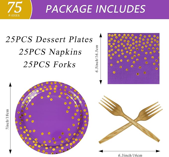 75PCS Paper Plates and Napkins Set - Purple and Gold Dot Disposable Party Dinnerware Includes Paper Plates, Napkins, Forks Decorations for Birthdays, Graduations, Weddings and Holidays, Serves 25